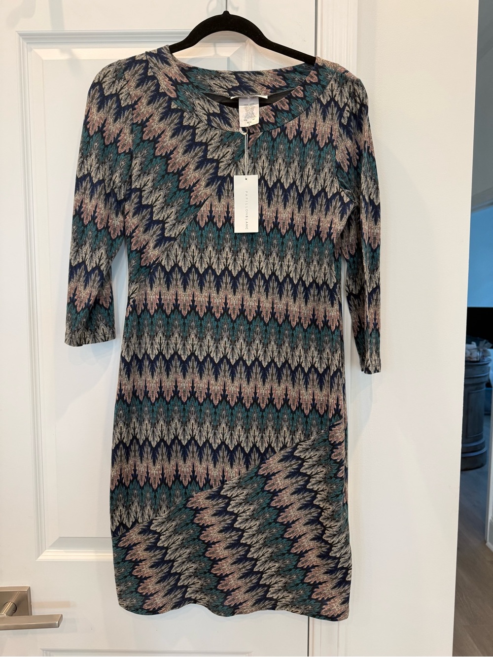 Papillon Blanc Teal, Navy & Cream Zigzag Three-Quarter Sleeve Dress